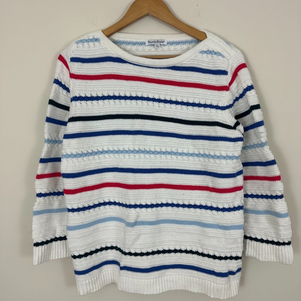 North Style Fisherman Sweater Multicolor Stripe Open Knit Cotton Coastal Women L
